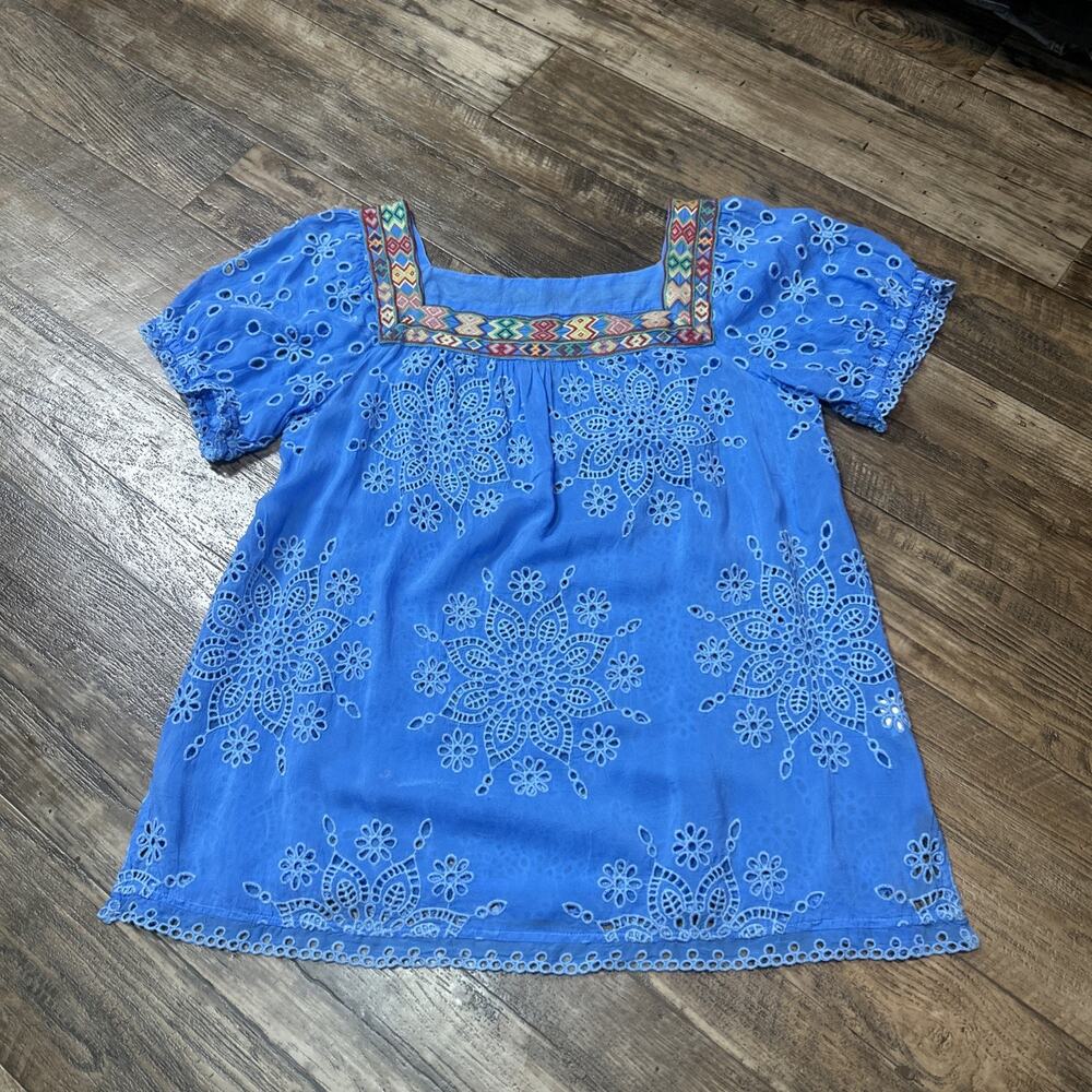 JOHNNY WAS Happy Sia Blouse Embroidered Eyelet Bohemian Purple Tunic Top Sz M